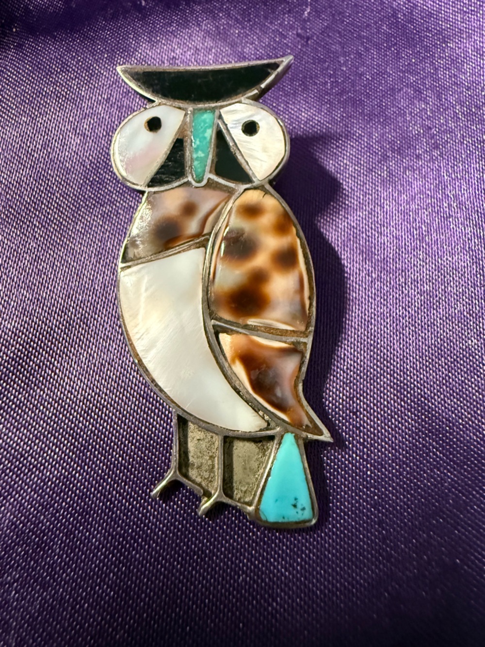 Zuni Native American Brooch Vintage Owl with Turquoise and Mother-of-Pearl inlay